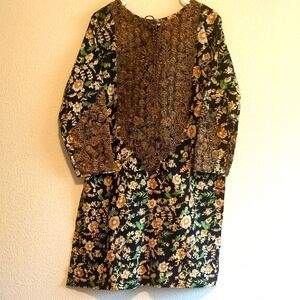 Sha Posh Black Floral Patterned  Women's Size Large Tunic Dress Gold Trim No